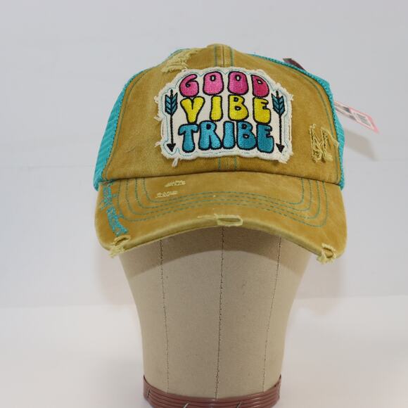 Simply Southern Good Vibe Tribe Distressed Trucker Hat Aqua Ponytail - Picture 1 of 5